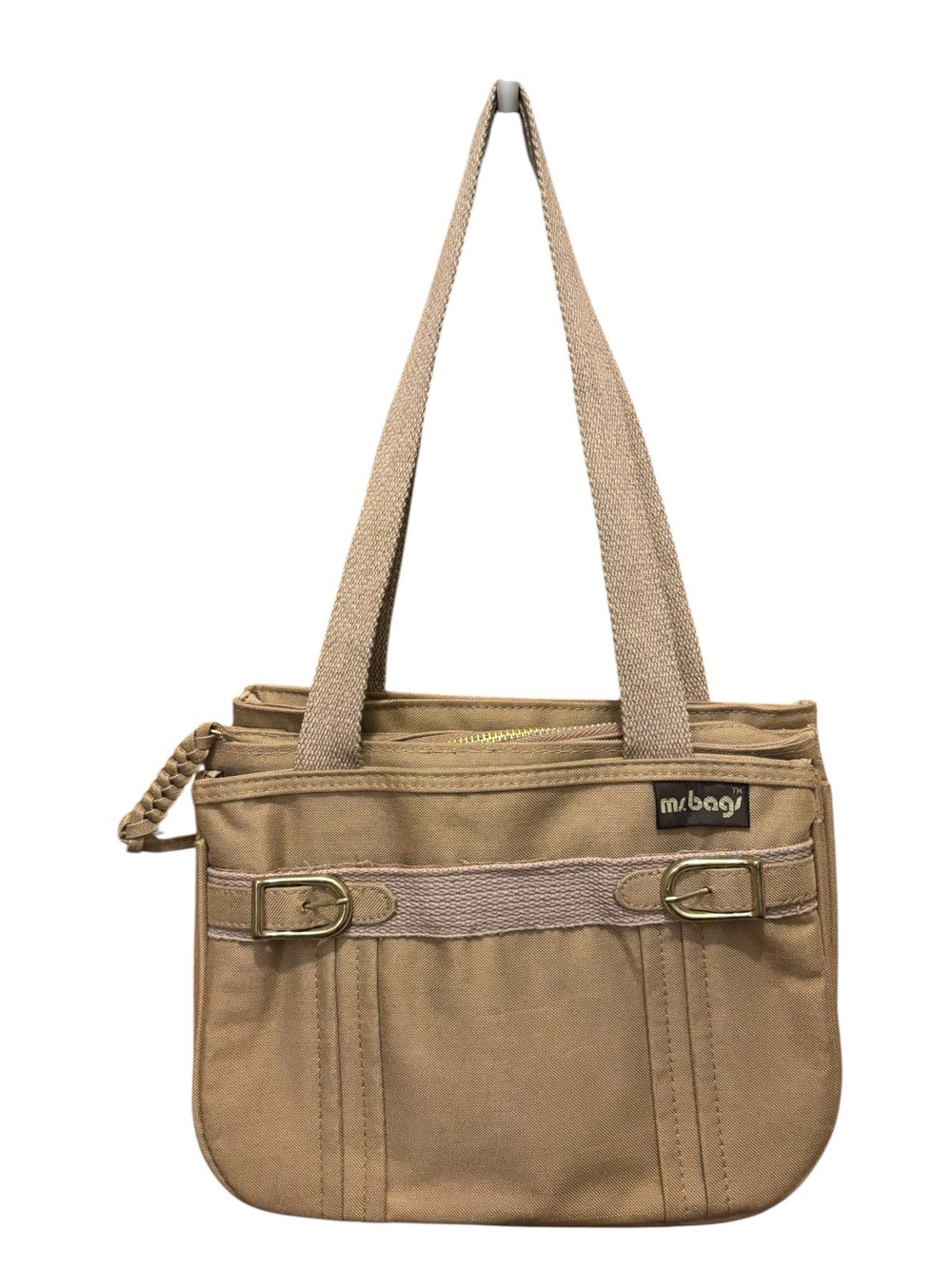 M. Bag Tan Multi Pocket Shoulder Tote Bag Buckle Detail NWT